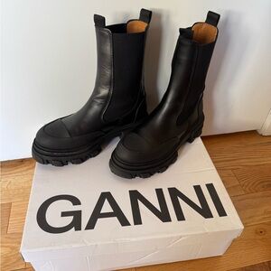 Ganni Cleated Mid Chelsea Boots in Black Leather